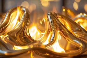 Abstract patterns of flames reflected in polished brass sculpture creating serene ambiance background nature photo