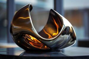 Abstract patterns of flames reflected in polished brass sculpture creating serene ambiance with nature background photo