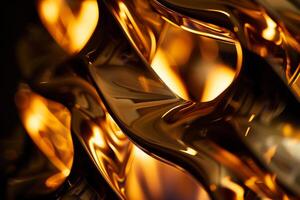 Abstract patterns of flames reflected in polished brass sculpture creating serene ambiance background nature photo