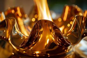 Abstract patterns of flames reflected in polished brass sculpture creating serene ambiance background nature photo