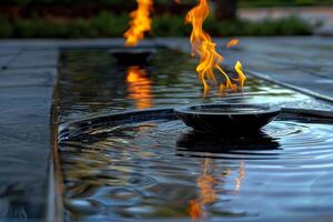 Abstract patterns of flames reflected in polished marble fountain creating ambiance background nature photo