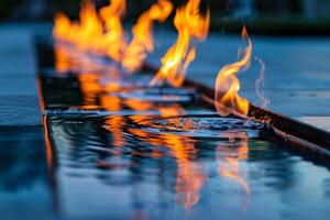 Abstract patterns of flames reflected in polished marble fountain creating ambiance background nature photo