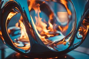 Abstract patterns of flames reflected in polished metal sculpture creating ambiance background nature photo