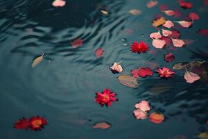 Abstract petals of wildflowers floating on a calm pond surface background nature photo