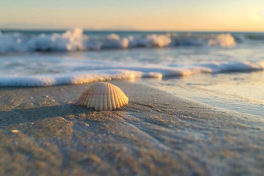 Smooth sandy beach with single seashell resting on the shore with waves gently lapping background nature photo
