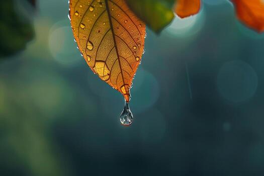 Single raindrop hanging from the edge of a leaf reflecting the colors of surrounding foliage in a forest setting background nature photo