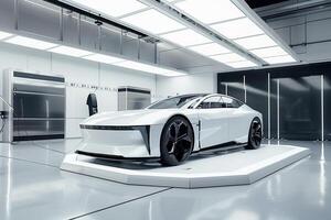 Sleek electric vehicle with innovative design on white platform in a modern studio background nature photo