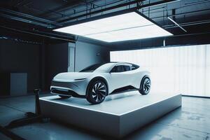 Modern electric vehicle with cuttingedge design displayed on white platform in hightech studio background nature photo
