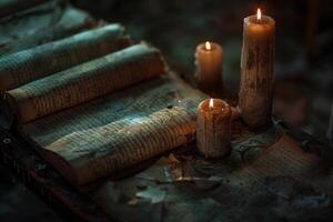 Flickering candlelight casting shadows on ancient scrolls in a dusty archive background nature photo