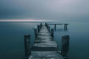 Empty pier stretching into calm waters with seagulls on weathered posts under sunset light background nature photo
