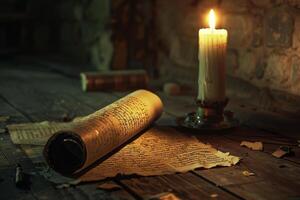 Candlelight creating shadows on ancient scrolls in a dusty archive room background nature photo