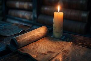 Candlelight casting dramatic shadows on ancient scrolls in a dusty archive room background nature photo