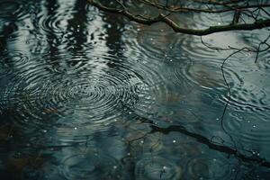 Raindrops creating gentle ripples on secluded forest pond with overhanging branches background nature photo