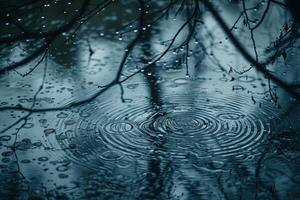 Raindrops creating gentle ripples on secluded forest pond with overhanging branches background nature photo