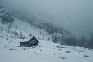 Snowflakes gently falling around an abandoned cabin in snowcovered valley background nature photo