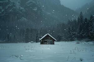 Snowflakes gently falling around an abandoned cabin in snowcovered valley background nature photo