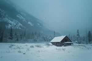Snowflakes gently falling around an abandoned cabin in snowcovered valley background nature photo