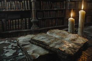 Flickering candlelight casting shadows on old manuscripts in dusty attic library background nature photo