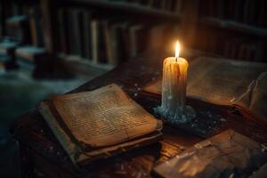 Flickering candlelight casting shadows on old manuscripts in dusty attic library background nature photo