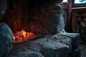 Glow of embers in a stone hearth casting warm and comforting light in a rustic cabin background nature photo
