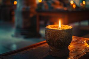 Flickering candlelight casting shadows on ancient artifacts in forgotten museum exhibit photo