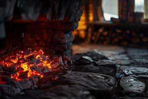 Glow of embers in a stone hearth casting warm and comforting light in a rustic cabin background nature photo
