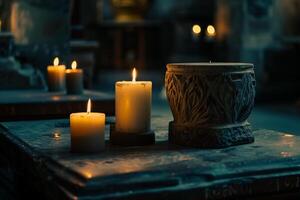 Flickering candlelight casting shadows on ancient artifacts in forgotten museum exhibit photo