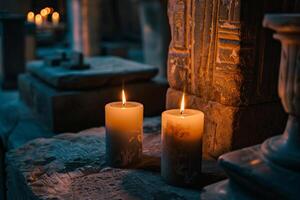 Flickering candlelight casting shadows on ancient artifacts in forgotten museum exhibit photo