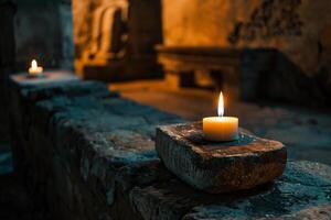 Flickering candlelight casting shadows on ancient artifacts in forgotten museum exhibit photo