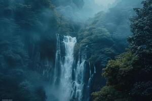 Brooding Waterfall with Mist Background in Dense Forest Nature Setting photo