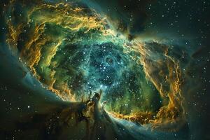 Cats Eye Nebula Glowing in Intricate Patterns of Green and Blue Planetary Nebula Revealing Its Layers nature background photo