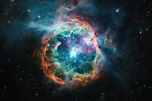 Luminous Planetary Nebula Glowing in Vibrant Colors Birth and Death Cycle of Stars in Deep Space Background and Nature photo