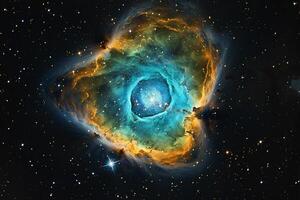 Cosmic Helix Nebula Illuminated in Green and Blue Revealing Intricate Stellar Structures photo