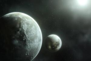 Pluto and Charon Icy Surfaces and Rugged Terrain in Kuiper Belt Background and Nature photo