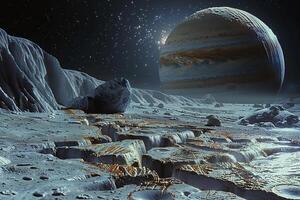 Europas Icy Surface Cracked with Reddish Material ed  in Jovian System Background and Nature photo