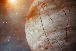 Europas Cracked Icy Surface with Reddish Material Jovian System Background and Nature photo