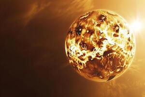 Serenity Venus with Its Thick Atmosphere Illuminated by the Suns Rays in Golden Glow Background and Nature photo