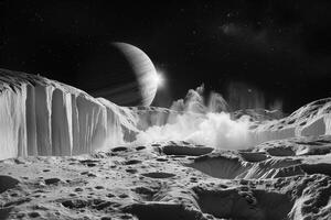 Enceladus Moon of Saturn with Its Icy Surface and Geysers of Water Vapor Erupting from Its South Pole Background and Nature photo