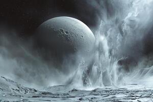 Enceladus Moon of Saturn with Its Icy Surface and Geysers of Water Vapor Erupting from Its South Pole Background and Nature photo