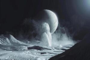 Enceladus Moon of Saturn with Its Icy Surface and Geysers of Water Vapor Erupting from Its South Pole Background and Nature photo
