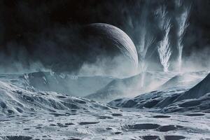 Enceladus Moon of Saturn with Its Icy Surface and Geysers of Water Vapor Erupting from Its South Pole Background and Nature photo