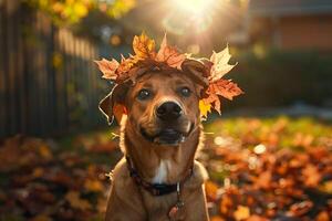 Joyful Dog with Autumn Leaves Crown in Sunlit Backyard photo
