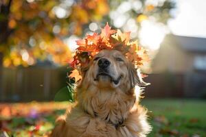 Dog Adorned with Autumn Leaves Crown Playing in Sunlit Backyard photo