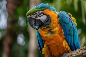 Colorful Parrot Perched on Branch with Ruffled Feathers and Intelligent Gaze in Tropical Aviary Background Nature photo