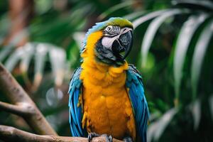 Colorful Parrot Perched on Branch with Ruffled Feathers and Intelligent Gaze in Tropical Aviary Background Nature photo