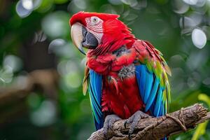 Colorful Parrot Perched on Branch with Ruffled Feathers and Intelligent Gaze in Tropical Aviary Background Nature photo