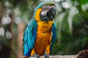 Colorful Parrot Perched on Branch with Ruffled Feathers and Intelligent Gaze in Tropical Aviary Background Nature photo