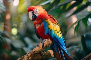 Colorful Parrot Perched on Branch with Ruffled Feathers and Intelligent Gaze in Tropical Aviary Background Nature photo