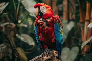 Colorful Parrot Perched on Branch with Ruffled Feathers and Intelligent Gaze in Tropical Aviary Background Nature photo
