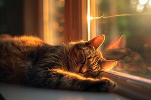 Cat Stretching Lazily in Pool of Warm Sunlight Streaming Through Window Background Nature photo